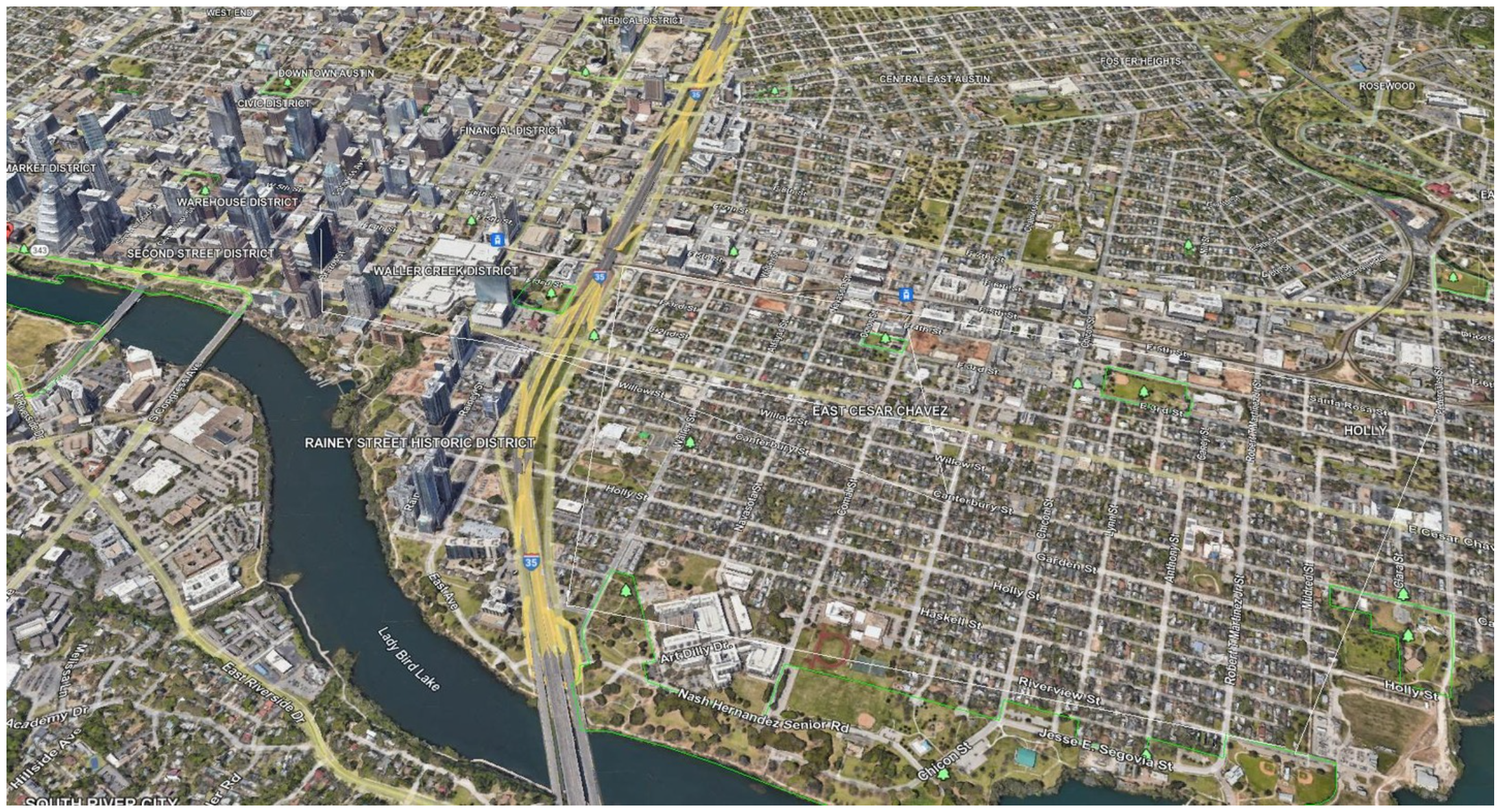 A satellite view of the East Cesar Chavez neighborhood in Austin, Texas, showing its proximity to downtown, nearby parks, and local infrastructure