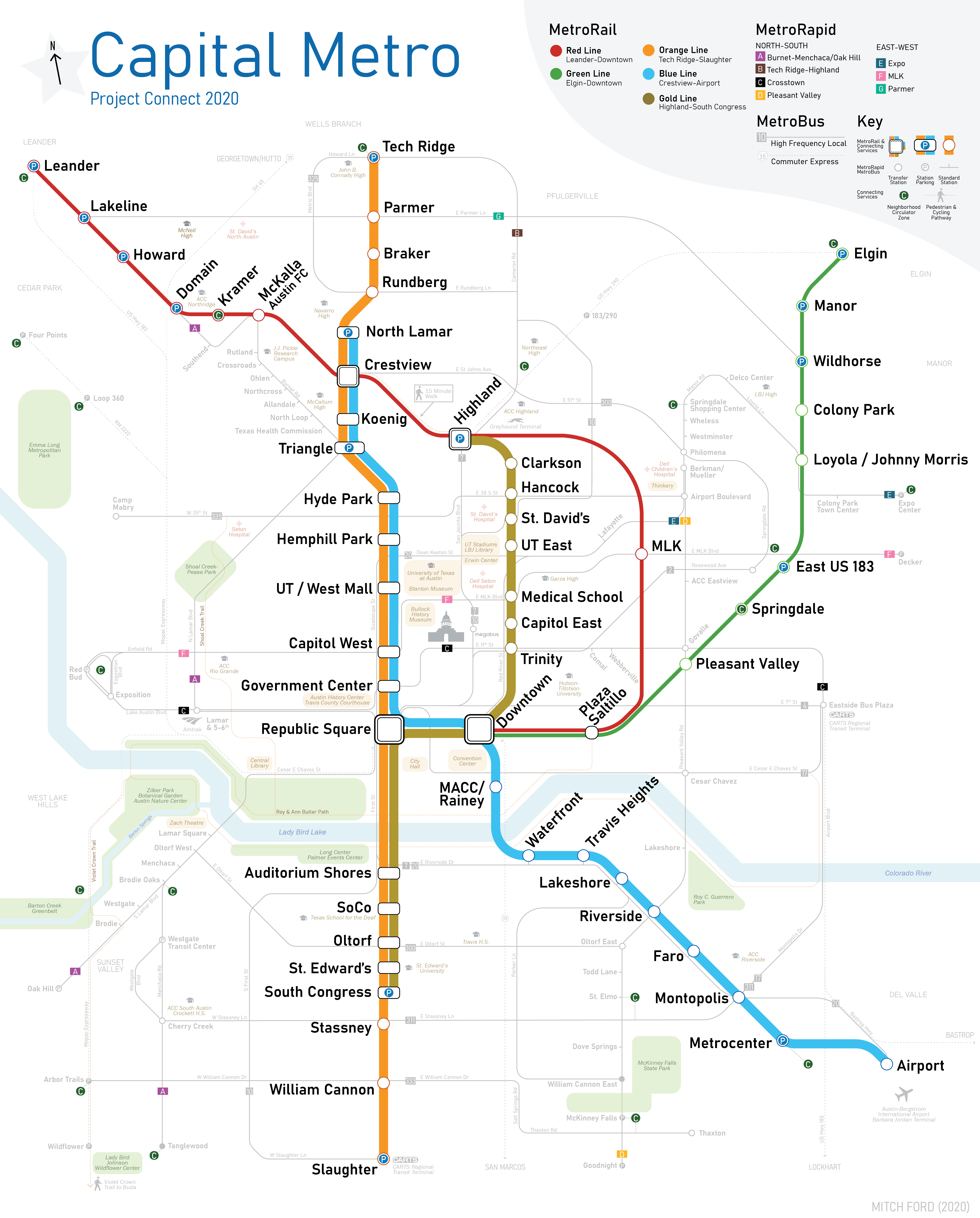 Diagram showing the future expansion plans for Austin&#39;s public transportation system under Project Connect