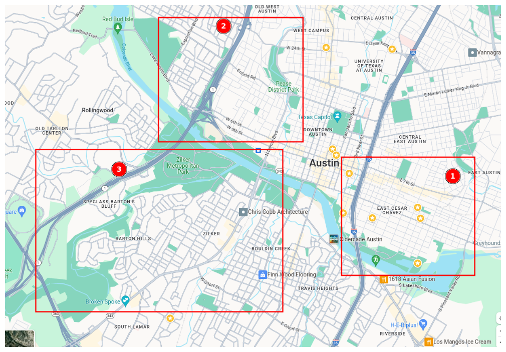 Map showing three highlighted areas in Austin, including East Cesar Chavez, considered for Zeta House based on various criteria like walkability and community