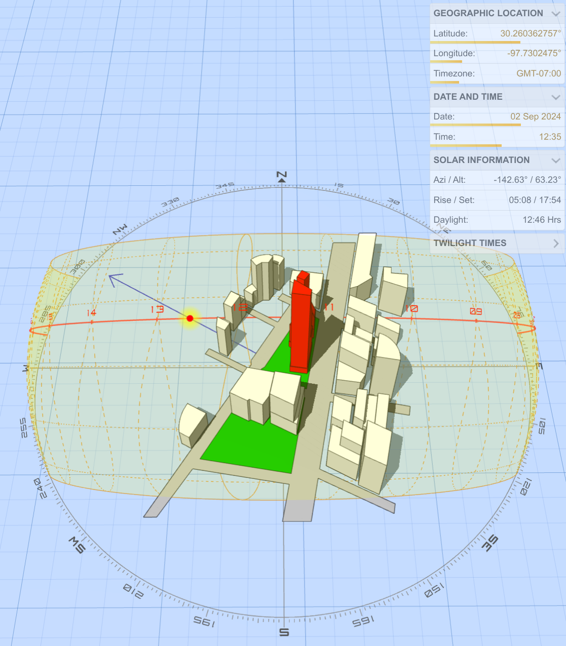 3D visual representation of the sun&#39;s path in Austin, illustrating how Zeta House is aligned to maximize shade and natural light throughout the day